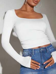 Camiseta crop de cuello cuadrado fruncido lateral - Blanco - Ver 5