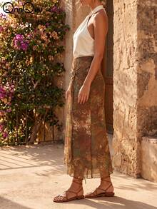 Vestido midi de sirena elegante de punto para mujer con cinturón y decoración de anillo, tela de elasticidad media para vacaciones - Óxido marrón - Ver 5