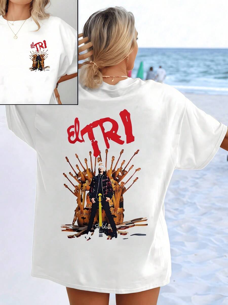 The Throne Of Guitars Symbolizes The Passion For Music And The Strength Of The Rock Spirit With Tones That Evoke Energy, Freedom, And Creativity. Women's Double-Sided Casual Modern T-Shirt - 白色 - 查看 1