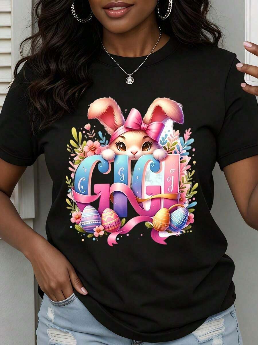 1 Piece Women's T-Shirt With Gigi Easter Bunny Print, For Spring, Easter Egg Hunt, Cute Rabbit Design, Fashion Casual Clothing, 180g, 100% Cotton - 黑色 - 查看 1