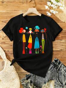 Smart Casual Style For Work, Women's "In-Style Girlfriend" Clothing, Short-Sleeved Round Neck T-Shirt, Perfect Women's Jacket For Everyday Wear And As A Gift, Circus T-Shirt, Perfect For Vacation And Playtime, Ideal For Parties And Family Holiday Outfits, Summer Outfit, Warm Weather Clothing. - 黑色 - 查看 7
