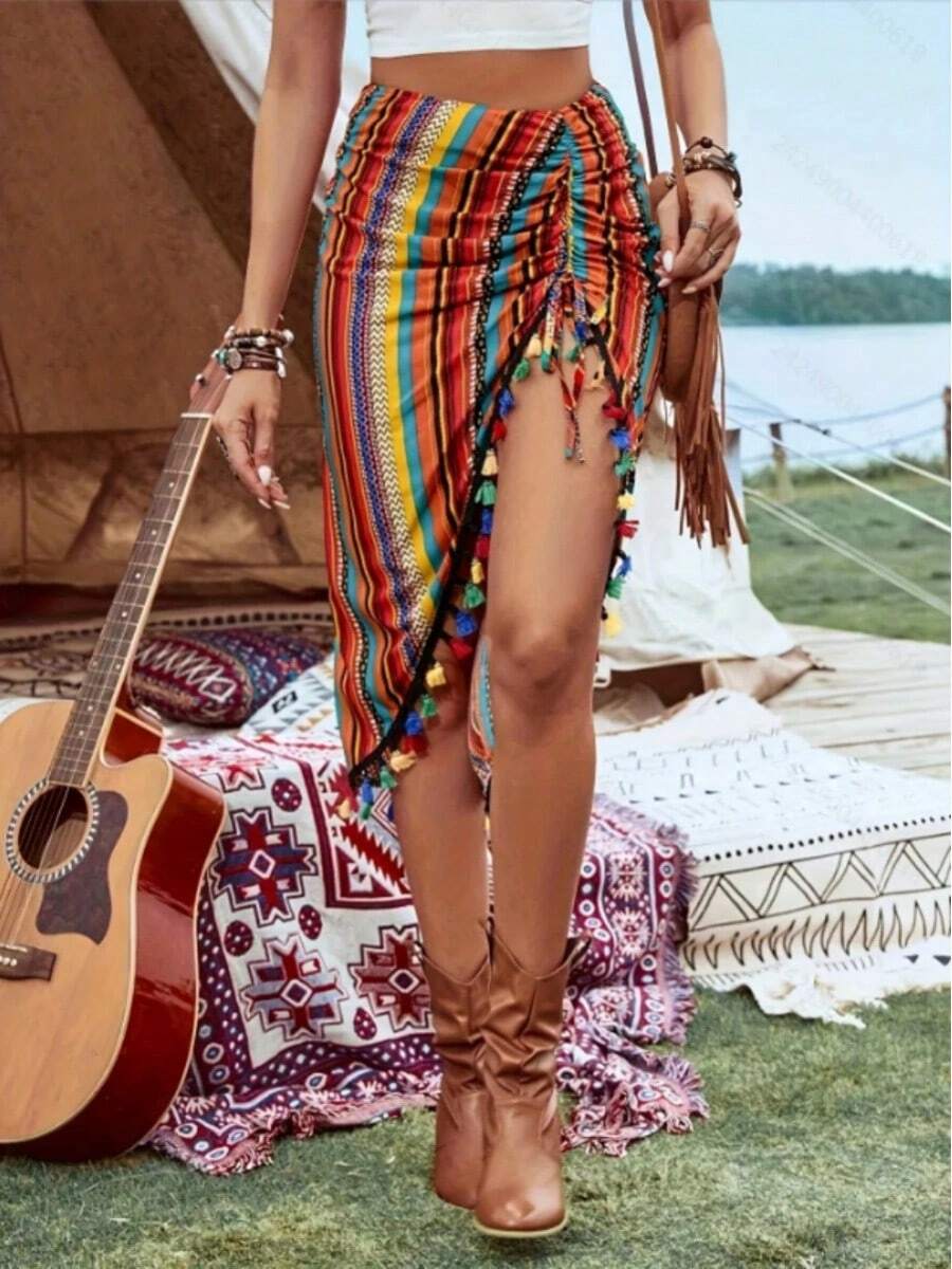 La falda plisada para mujer del Festival de Música de Verano 2025 presenta bloques de colores, rayas y decoraciones asimétricas con volantes - múltiple - Ver 1