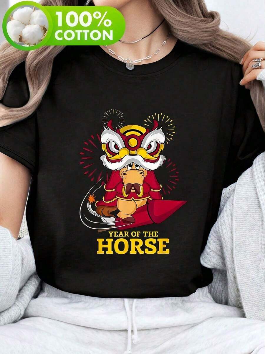 Camiseta de Año Nuevo de la Mujer - Chinee New Year Cutura Dein con Hore Rider & etterin, Caua Cuello Redondo hort eeve Top, -Talla XX para uso durante todo el año (ajuste cómodo) - Negro - Ver 1