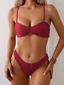 Swim Conjunto de bikini de verano para mujer de unicolor con pliegues y sexy - Burdeos - Ver 3