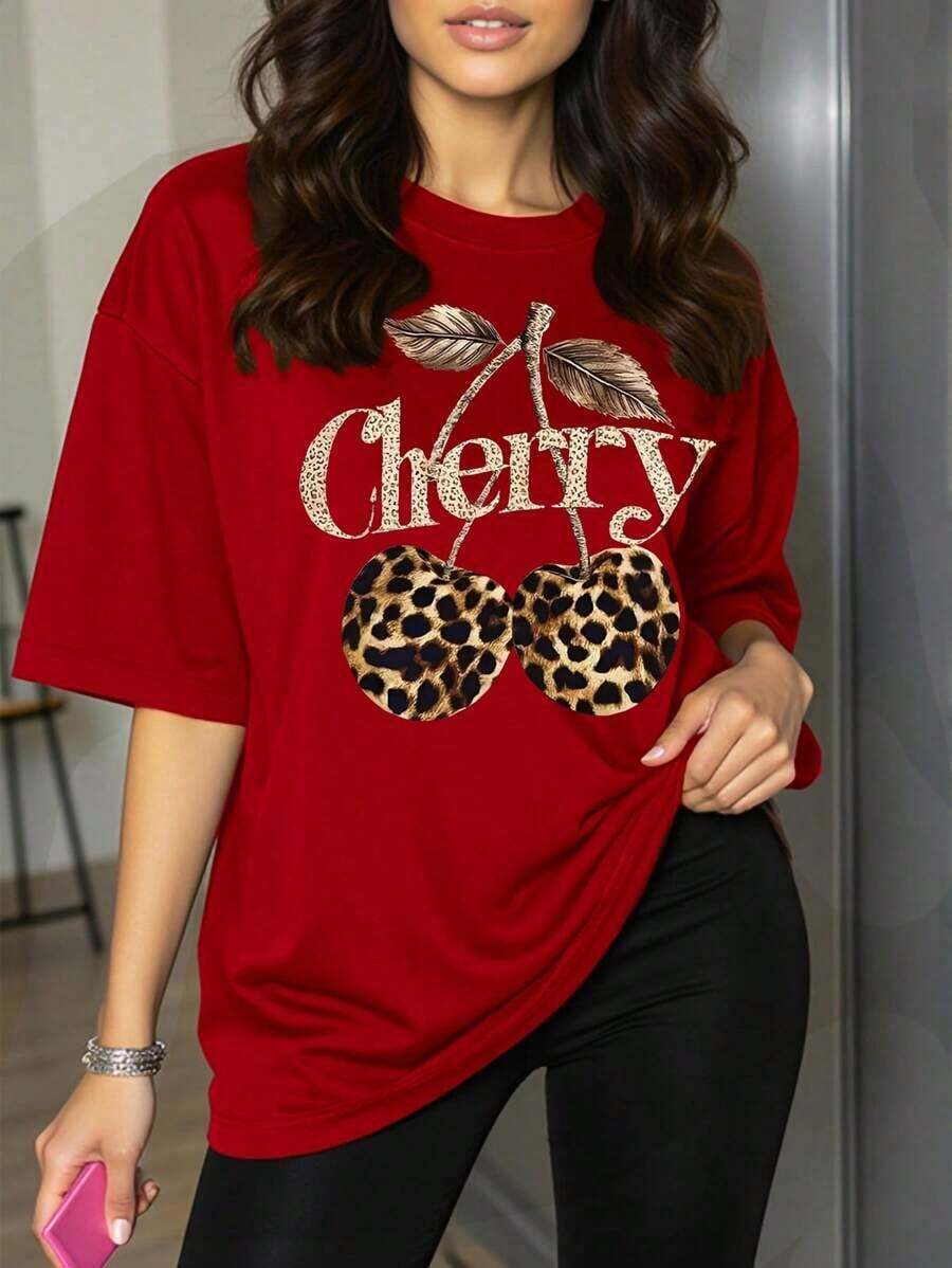 Plus Size Women's Short Sleeve Crew Neck Blouse With Leopard And Cherry Print - Vintage Street Style Unisex Cotton Short Sleeve Crew Neck T-Shirt - 紅色的 - 查看 1