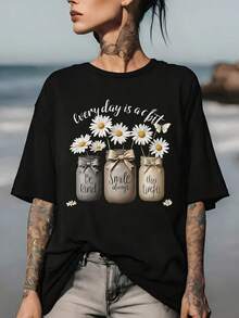 Women's Casual Cotton Crew Neck T-Shirt, 180G, Inspirational Daisy Print T-Shirt, Inspirational Quotes For Everyday Life, Perfect Corporate Gift For Team Building, Family Gift For The Holidays, Soft T-Shirt With Pockets - Ideal For Summer Vacation, Simple T-Shirt For Everyday Wear - 黑色 - 查看 1
