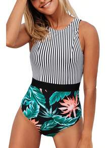 Nuevo traje de baño de una pieza con estampado de rayas y diseño de hojas en forma de triángulo para mujer. - rayas negras + flores negras - Ver 11