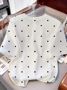 Camiseta casual de mujer con cuello redondo y estampado de lunares - Blanco 2 - Ver 2