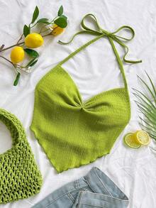 Nuevo top casual de vacaciones, estilo occidental, para invitados de boda en la playa, graduación, brunch, Día de San Patricio, vacaciones de primavera, Pascua, festival de música, elegante, bohemio, tropical, con cuello halter y lazo en la espalda - Verde - Ver 4