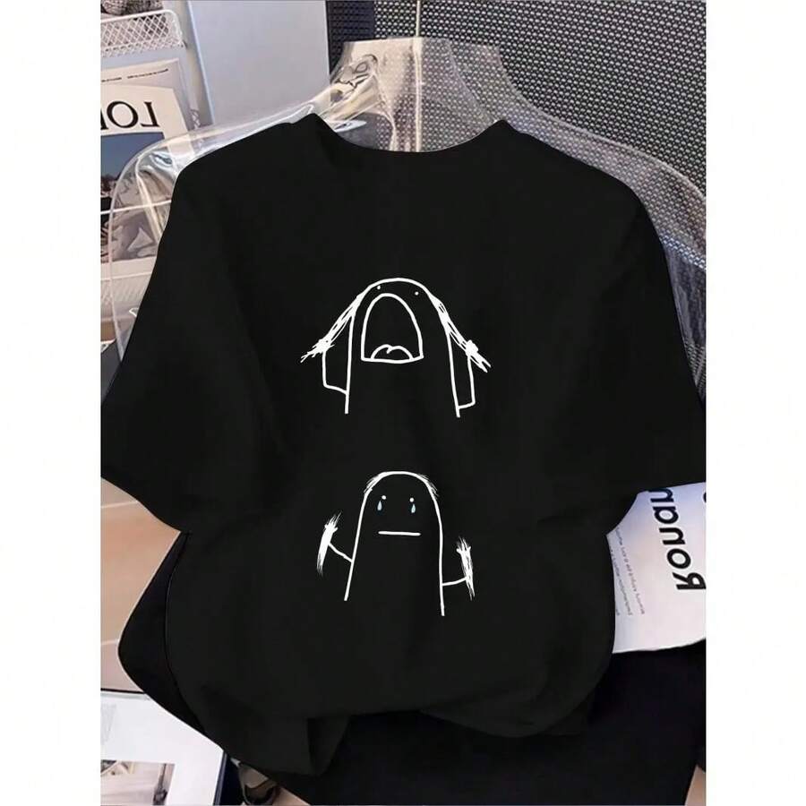 Women's Summer T-Shirt With Fun And Humorous Print, Cute Design, Round Neck, Casual Style - 黑色 - 查看 1