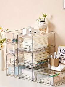 Caja de almacenamiento de acrílico transparente con cajones de varios niveles y gran capacidad para cosméticos, papelería, joyas, organizador de escritorio de baño - transparente - Ver 2