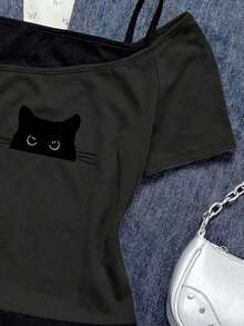 Camiseta de manga corta con estampado de gato negro asomándose en contraste de color, estilo casual y retro, adecuada para el verano - Gris Oscuro - Ver 5