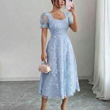 Women's Floral Embroidered Mesh Petal Sleeve Elegant Dress - Azul - Ver 1