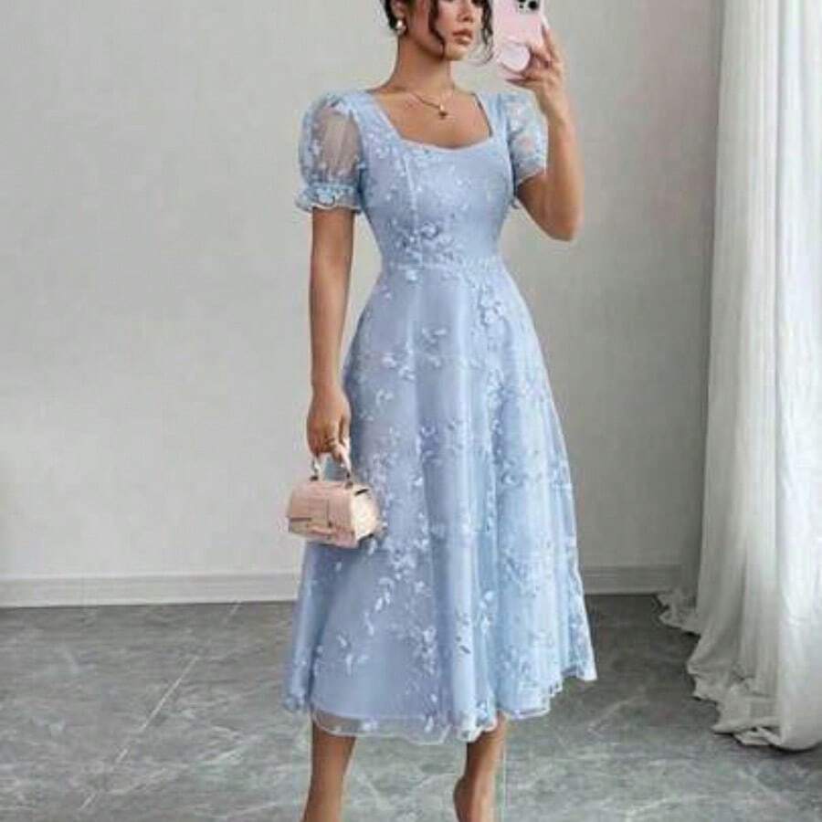 Women's Floral Embroidered Mesh Petal Sleeve Elegant Dress - Azul - Ver 1