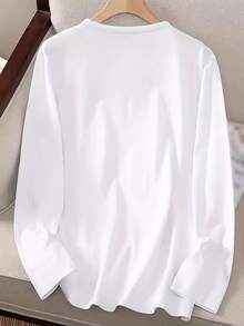 Camiseta de Manga Larga con Cuello Redondo Blanco, Estampado Floral Azul Elegante, Ajuste Ligeramente Holgado, Esencial para Vacaciones Casuales, Lavable a Máquina No Limpieza en Seco, Tela Adecuada para Todas las Estaciones - [Blanco] - Ver 3