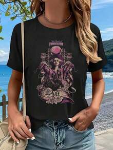Camiseta divertida y fresca con diseño de esqueleto, elegida por su pureza y interés, de manga corta, para mujer, suave y transpirable, adecuada para todas las estaciones, cómoda y casual, ideal para regalos de Halloween y Navidad. - Negro - Ver 2