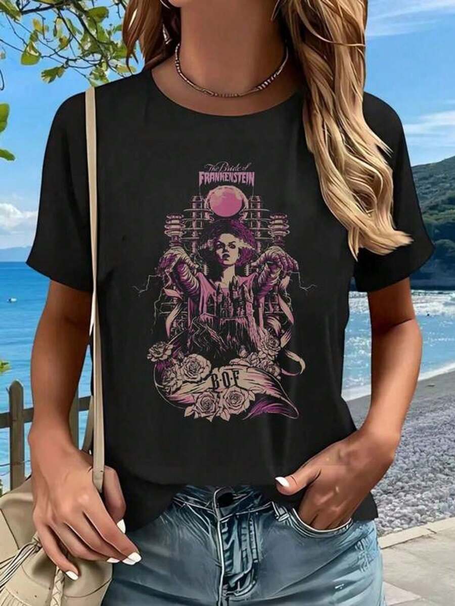Camiseta divertida y fresca con diseño de esqueleto, elegida por su pureza y interés, de manga corta, para mujer, suave y transpirable, adecuada para todas las estaciones, cómoda y casual, ideal para regalos de Halloween y Navidad.