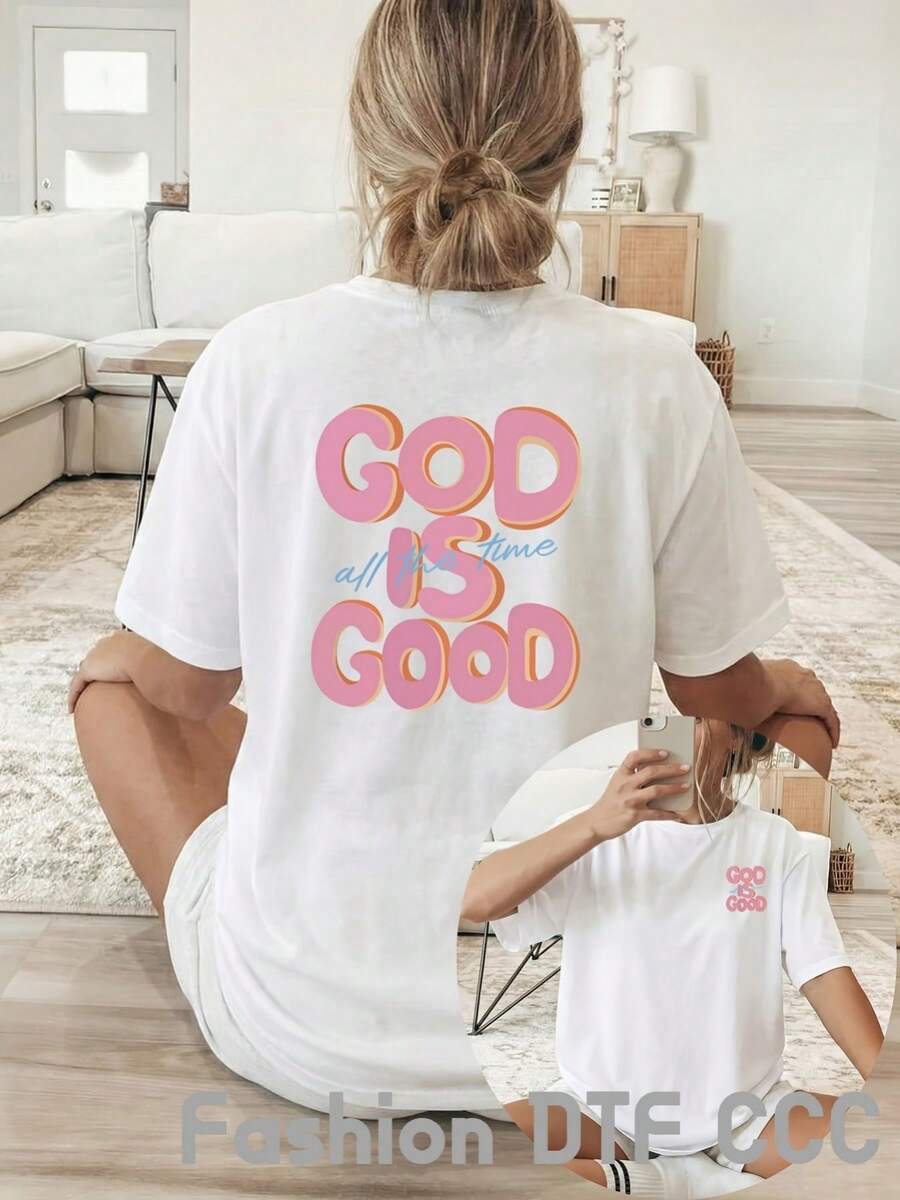 Camiseta de mujer de algodón puro, moderna y elegante, con estampado "GOD IS GOOD", estilo hip-hop urbano, ropa casual americana para el día a día, transpirable, adecuada para deportes al aire libre, ideal para regalo. - Blanco - Ver 1