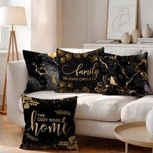 4pcs/Set Black & Gold Marble Pattern Text Design Pillow Cover, Single-Sided Printed Cushion Cover, Suitable For Living Room, Bedroom, Home Decor, All Seasons - Multicolor - View 2