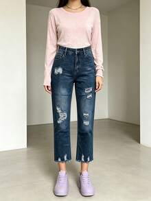 Jeans De Mezclilla Mujer Pantalon De Mezclilla Dama Mom Jeans Mujer Pantalones De Mujer Con Roturas Estilo Vintage - Pantalones vaqueros 2063-1 - Ver 3