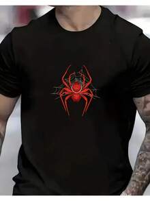 Camiseta Casual de Manga Corta para Hombre con Estampado de Araña, Ideal para Deportes al Aire Libre en Verano, Hecha de Tejido de Punto con Cuello Redondo, Corte Regular - Negro - Ver 7