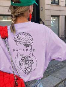 Camiseta casual para mujer, con estampado de anatomía del cerebro y el corazón, corte holgado y oversize, estilo callejero de cuello redondo y manga corta, adecuada para ir al trabajo, viajes urbanos, salidas de verano, reuniones con amigos, brunch de fin de semana en color negro - Púrpura malva - Ver 6