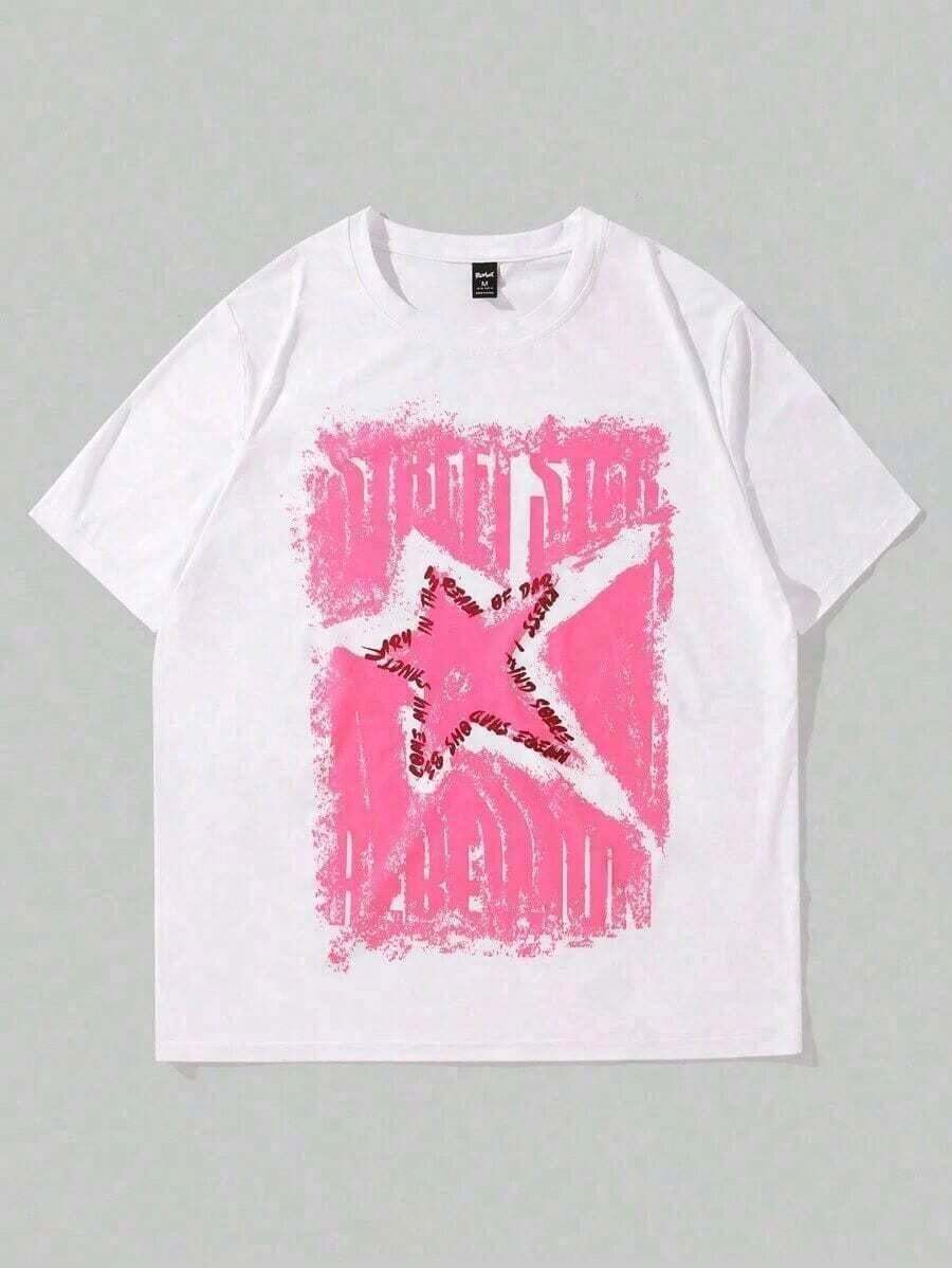 Latest 2026 Women's Graphic T-Shirts, Men's Summer Casual T-Shirt, Plus Size, Pink Textured Star Pattern, Comfortable, Soft, Short Sleeve, Pure Cotton, Unisex, Loose Fit, Club Graphic T-Shirts, Women's Holiday Outfits, Suitable For Spring, Summer And Autumn. - 白色 - 查看 1