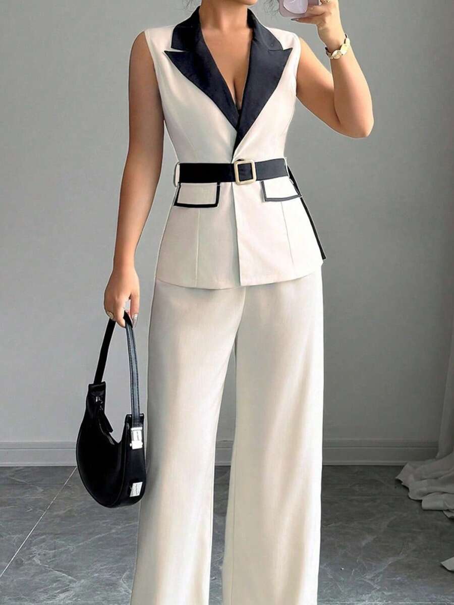 Nuevo Conjunto Elegante Sin Tirantes Chaleco y Pantalón Recto - Albaricoque 12560 - Ver 1