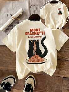 Camiseta Casual Blanca de Talla Grande con Cuello Redondo, Estampada con Gráfico de Gato "Más Pasta, Menos Estrés", Verano, 100% Algodón - Albaricoque - Ver 5