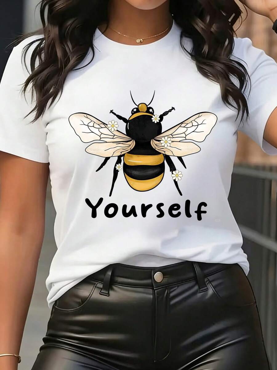 Camiseta para mujer, con estampado de abejorro grande y margaritas, letras negras "Yourself", cuello redondo, manga corta - Blanco - Ver 1