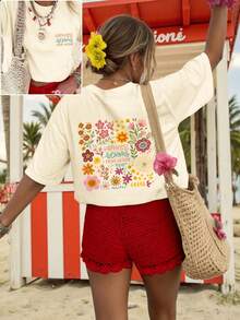 Este elegante top casual para mujer presenta un estampado de doble cara, cuello redondo y mangas cortas. Está diseñado para la primavera y el verano y presenta un fresco patrón floral junto con el texto "HAPPINESS Blooms FROM." Camiseta unisex de algodón holgada de manga corta y cuello redondo estilo vintage urbano. Blusas para mujer. blusas.blusas casuales para dama. - Albaricoque - Ver 2