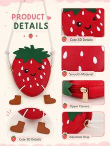 New Cute Red Strawberry Shaped Crossbody Bag, Made Of PU Material With Zipper Closure, Fashionable Fruit Design With Small Daisy Flower Decor, Spring/Summer - Multicolor - View 4