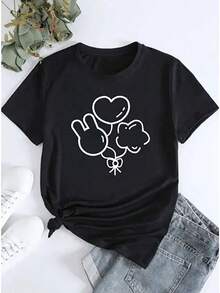 Casual And Comfortable Short-Sleeved T-Shirt For Women With A Print Of Three Balloons Of Different Shapes, Perfect For Everyday Wear And Sports Activities. - 黑色 - 查看 1