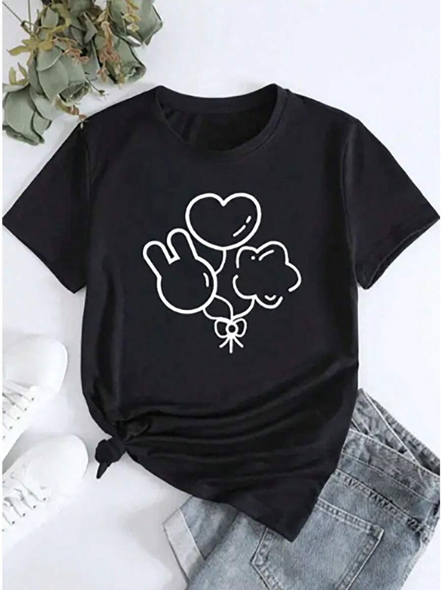 Casual And Comfortable Short-Sleeved T-Shirt For Women With A Print Of Three Balloons Of Different Shapes, Perfect For Everyday Wear And Sports Activities. - 黑色 - 查看 1