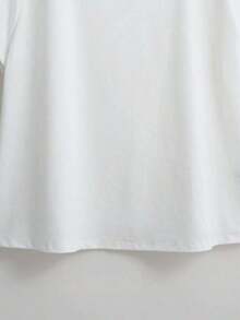 Camiseta de manga corta de uso diario versátil y casual con cuello redondo y decoración de perlas falsas para mujer de talla grande - Blanco - Ver 5