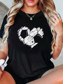 Camiseta gr£fica de "Corazn de ftbol" - Camiseta casual de cuello redondo con mangas cortas y diseo de pelota de ftbol, perfecta para primavera/verano, camiseta de ropa casual | Camiseta gr£fica | Ajuste cmodo, ropa tem£tica de ftbol - Negro - Ver 2