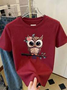 Comfortable Mother's Day T-Shirt, Women's T-Shirt With Owl And Pretty Flower Print For Leisure And Summer, Loose Versatile Short Sleeve T-Shirt For Women - 白色的 - 查看 5