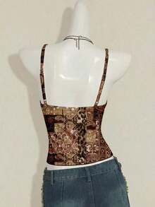 ICON Camisola Ajustada con Cuello en V y Volantes, Estampado Paisley Teal, Estilo Bohemio Retro Sexy Y2K para Mujer - Multicolor 4 - Ver 2