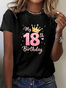 A T-Shirt For A Woman's 18th Birthday, With A Casual Round Neck And Short Sleeves, Made Of Fabric With Geometric Patterns, Regular Length, Suitable For All Seasons, Women's Clothing - 黑色 - 查看 1