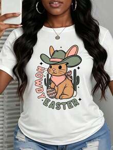 Women's Clothing Casual T-Shirt 100% Cotton With Fun Easter Bunny, Cactus And Egg Print, Denim Style, Short Sleeve, Round Neck, For Women, Ideal For Spring Party Or Holiday Gift, Women's Shirts - 白色 - 查看 6