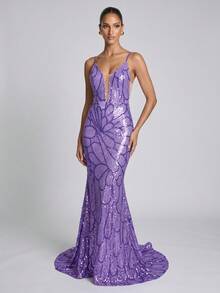Glamorous Lavender Sequin Deep V-Neck Backless Mermaid Long Train Party Evening Gown (Front Top Half, Back Random Floral Pattern, Not Matched) Wedding - Mauve Purple - View 2