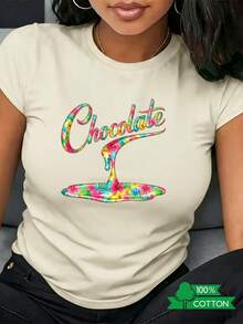 ModaModaCamiseta de Cuello Redondo para Mujer con Estampado de Letras de Anime, Diseño Sencillo, Cómoda y Transpirable, Ideal para Uso Diario Casual, Presentando un Estilo Veraniego Refrescante, Esencial para Fiestas, Envío Local, Estampado Floral Bonito - Albaricoque - Ver 6