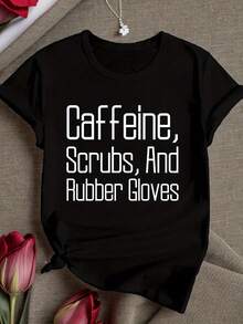 Women's T-Shirt With Caffeine Scrubs Print - 黑色 - 查看 1
