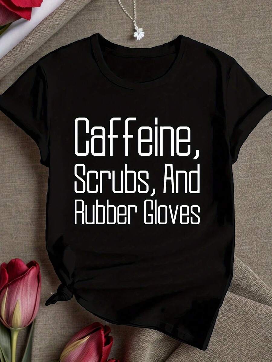Women's T-Shirt With Caffeine Scrubs Print - 黑色 - 查看 1