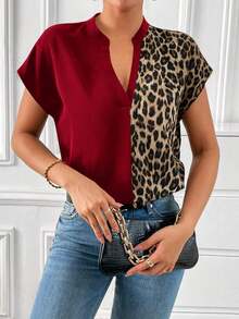 Blusa con cuello en pico y mangas de murciélago con estampado de leopardo, blusas de manga corta, casual - Burdeos - Ver 4