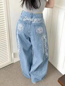 Wide Leg Jeans With Embroidered Letters And Flowers In A Retro American Style, High-Waisted, Loose Fit - Blue - View 3