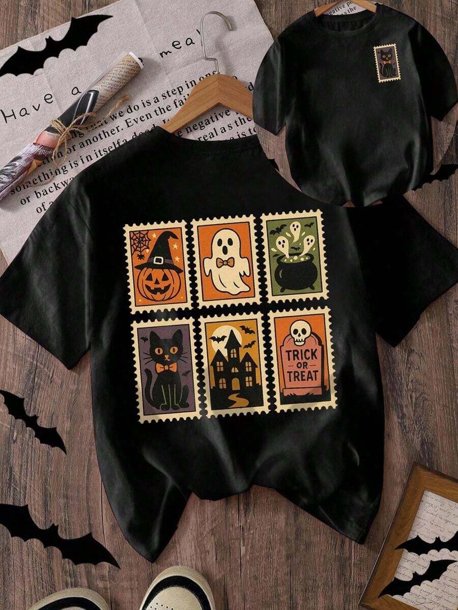 Camiseta de mujer con estampado de fantasma y calabaza de Halloween - Negro 2 - Ver 1