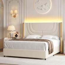 Modern LED Upholstered Bed Frame With Silver Wingback Headboard – Soft PU Leather, Platform Design, Easy Assembly, Ideal For Bedroom, Twin Bed Frame With LED Lights/ Full Bed Frame With LED Lights/ Queen Bed Frame With LED Lights/ Twin Size Bed Frame/ Full Size Bed Frame/ Queen Size Bed Frame, Black/Pink/Beige (USB LED Strip) - 米色 - 查看 1