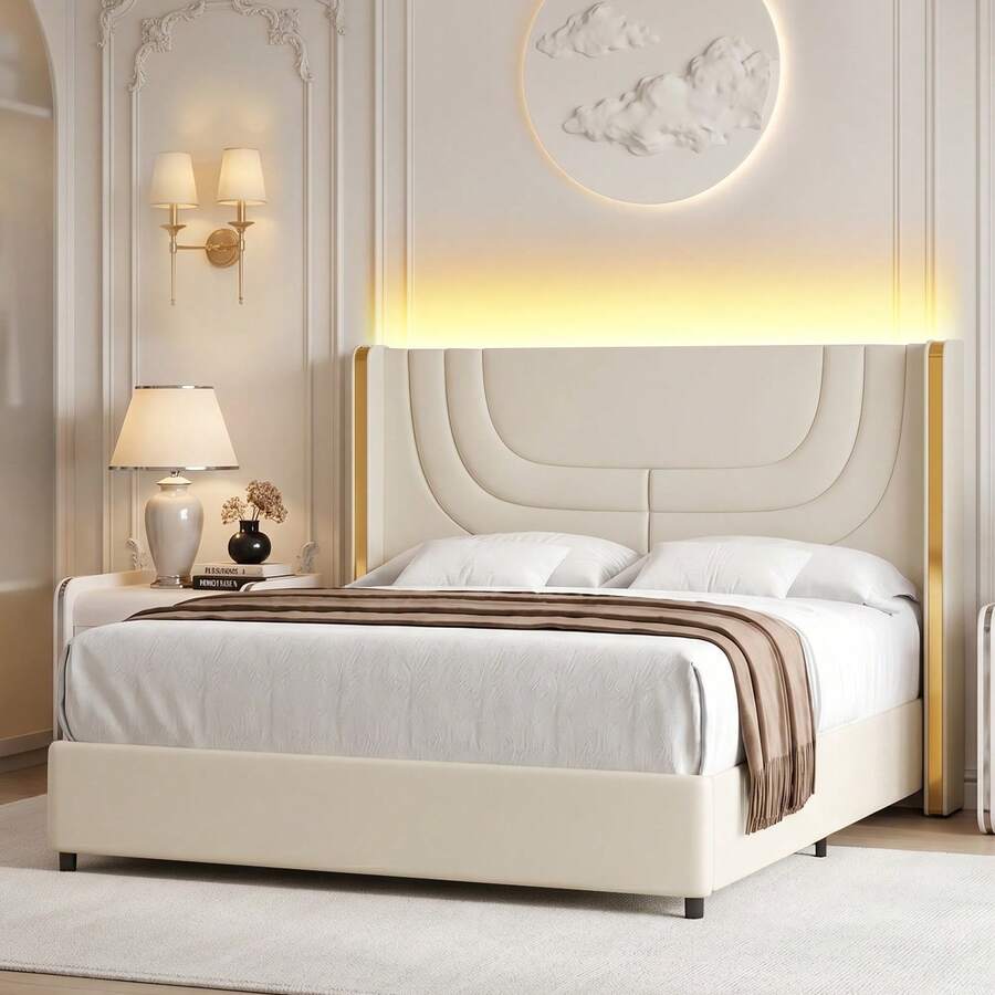 Modern LED Upholstered Bed Frame With Silver Wingback Headboard – Soft PU Leather, Platform Design, Easy Assembly, Ideal For Bedroom, Twin Bed Frame With LED Lights/ Full Bed Frame With LED Lights/ Queen Bed Frame With LED Lights/ Twin Size Bed Frame/ Full Size Bed Frame/ Queen Size Bed Frame, Black/Pink/Beige (USB LED Strip) - 米色 - 查看 1
