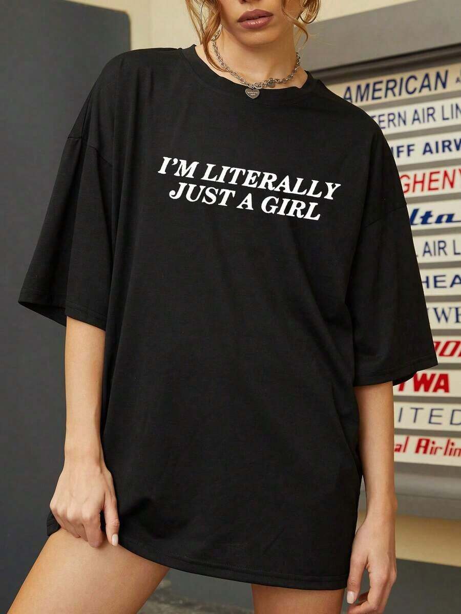 Oferta por tiempo limitado, cantidad limitada disponible, relámpago, camisas de mujer, camisetas de mujer Camiseta informal de verano con el lema "Soy realmente una chica", ¡que muestra tu confianza y encanto único!Blanca - Negro - Ver 1